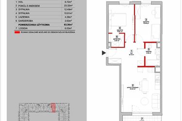 Rzut - Mieszkanie na sprzedaż 3 pokoje o powierzchni 63,36 m² - numer P9.03.4.83 w Osiedle Poematu II