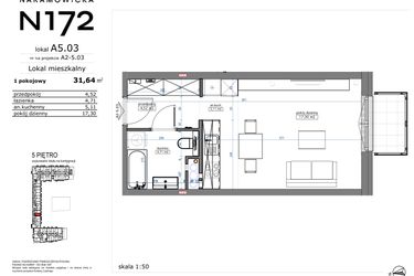 Rzut - Mieszkanie na sprzedaż 1 pokój o powierzchni 31,64 m² - numer A5.03 w Naramowicka 172