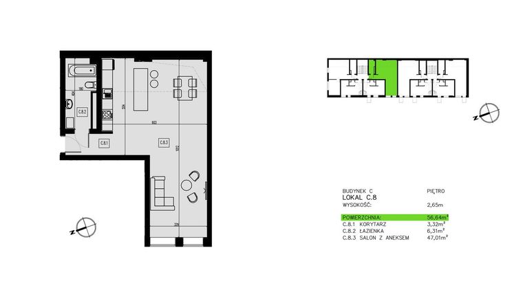 Rzut - Mieszkanie na sprzedaż 2 pokoje o powierzchni 56,71 m² - numer C.8 w Pawia od Nowa
