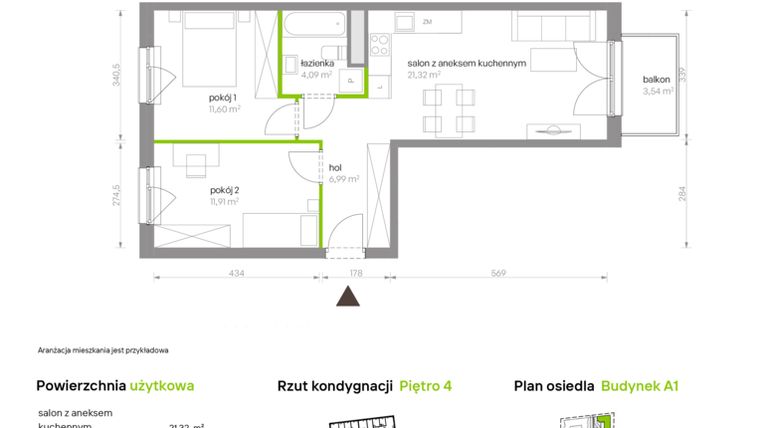Rzut - Mieszkanie na sprzedaż 3 pokoje o powierzchni 55,91 m² - numer A1.4C85 w Bemowo Vita