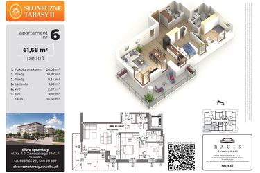 Rzut - Mieszkanie na sprzedaż 3 pokoje o powierzchni 61,68 m² - numer 6 w Słoneczne Tarasy II
