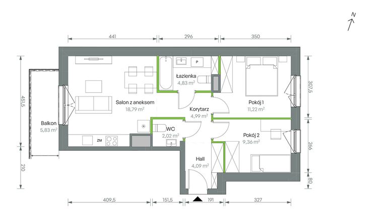 Rzut - Mieszkanie na sprzedaż 3 pokoje o powierzchni 55,3 m² - numer 2/B/2/36 w Oliwska Vita