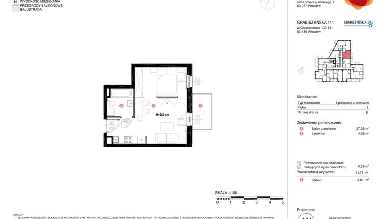Rzut - Mieszkanie na sprzedaż 1 pokój o powierzchni 31,76 m² - numer A.8 w Grabiszyńska 141