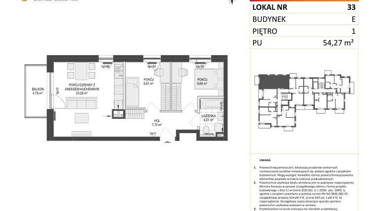 Rzut - Mieszkanie na sprzedaż 3 pokoje o powierzchni 54,27 m² - numer E.33 w Osiedle Warszawska