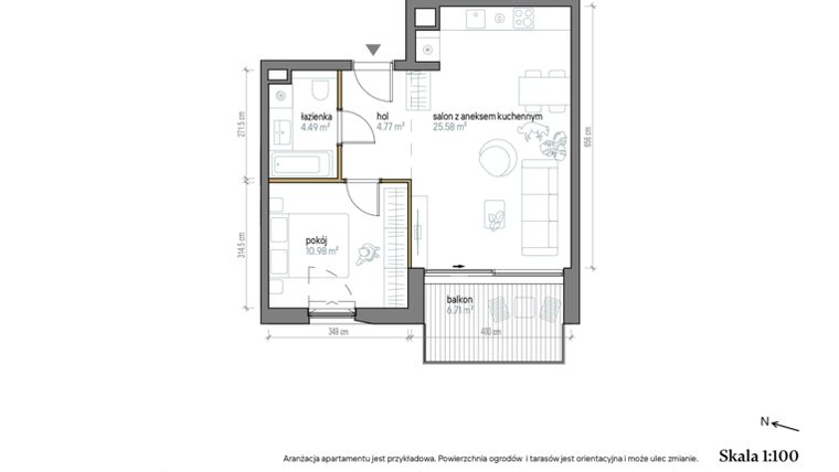 Rzut - Mieszkanie na sprzedaż 2 pokoje o powierzchni 45,82 m² - numer A/1/4 w Kopernika 71