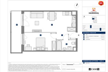 Rzut - Mieszkanie na sprzedaż 2 pokoje o powierzchni 46,99 m² - numer B.50 w Osiedle przy Malborskiej II