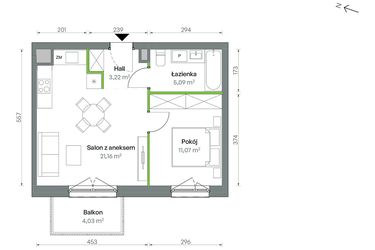Rzut - Mieszkanie na sprzedaż 2 pokoje o powierzchni 40,54 m² - numer 1/A/1/23 w Oliwska Vita