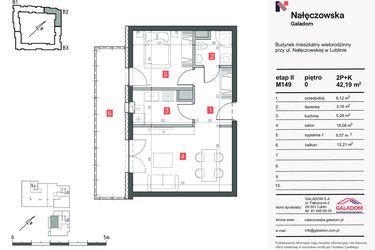 Rzut - Mieszkanie na sprzedaż 2 pokoje o powierzchni 42,19 m² - numer M-149 w Nałęczowska etap II