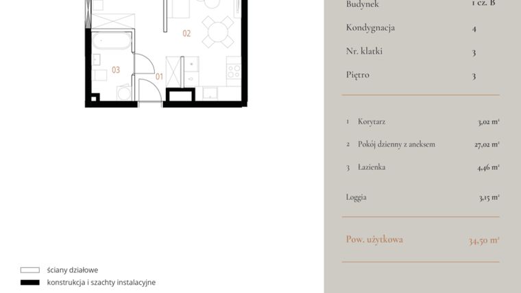 Rzut - Mieszkanie na sprzedaż 1 pokój o powierzchni 34,5 m² - numer M115 w MURANO