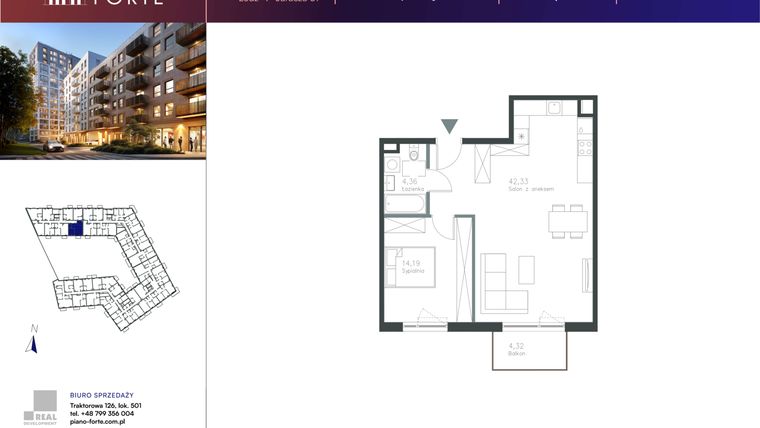 Rzut - Mieszkanie na sprzedaż 1 pokój o powierzchni 60,88 m² - numer A.3.19 w Piano