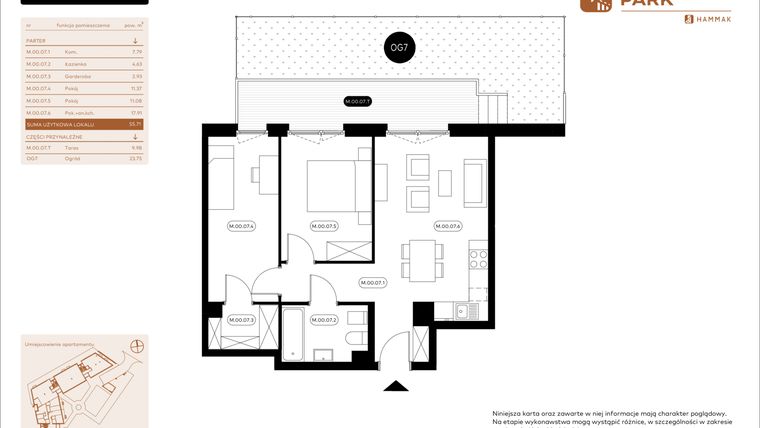 Rzut - Mieszkanie na sprzedaż 3 pokoje o powierzchni 55,71 m² - numer 0.07 w Białoprądnicka Park