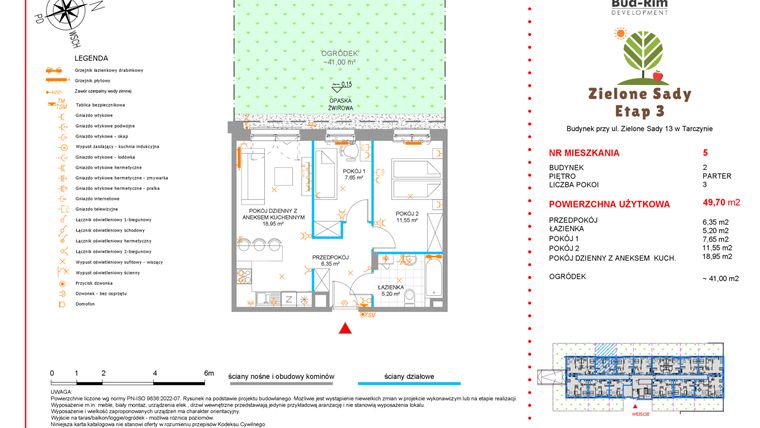 Rzut - Mieszkanie na sprzedaż 3 pokoje o powierzchni 49,7 m² - numer 5 w Zielone Sady etap III B2