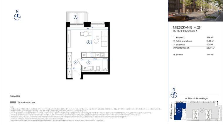 Rzut - Mieszkanie na sprzedaż 1 pokój o powierzchni 33,67 m² - numer M.28 w Niedziałkowskiego Park