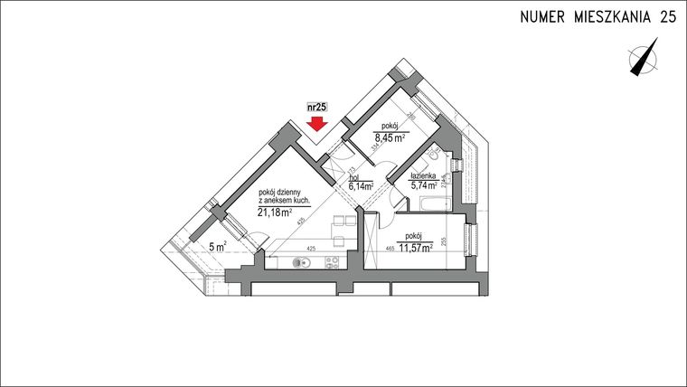Rzut - Mieszkanie na sprzedaż 3 pokoje o powierzchni 53,08 m² - numer 1m.25 w Osiedle Rytm