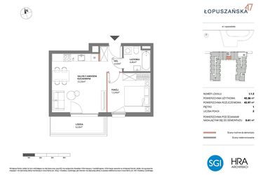 Rzut - Mieszkanie na sprzedaż 2 pokoje o powierzchni 42,97 m² - numer I.1.2 w Łopuszańska 47 - etap 3