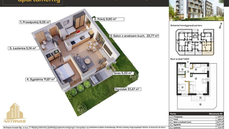 Rzut - Mieszkanie na sprzedaż 3 pokoje o powierzchni 56,75 m² - numer B2 w Osiedle Wełnowe Apartamenty