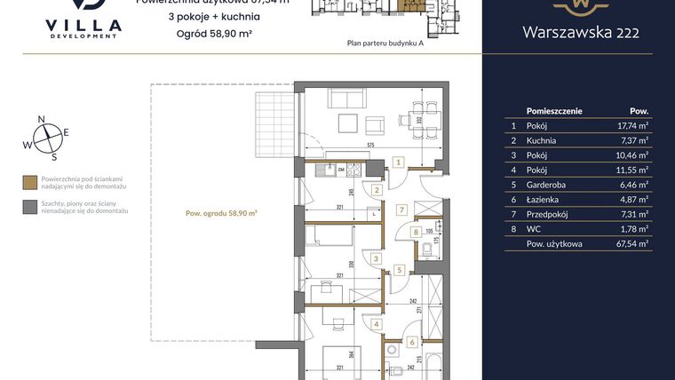 Rzut - Mieszkanie na sprzedaż 3 pokoje o powierzchni 67,54 m² - numer 1A w Warszawska 222