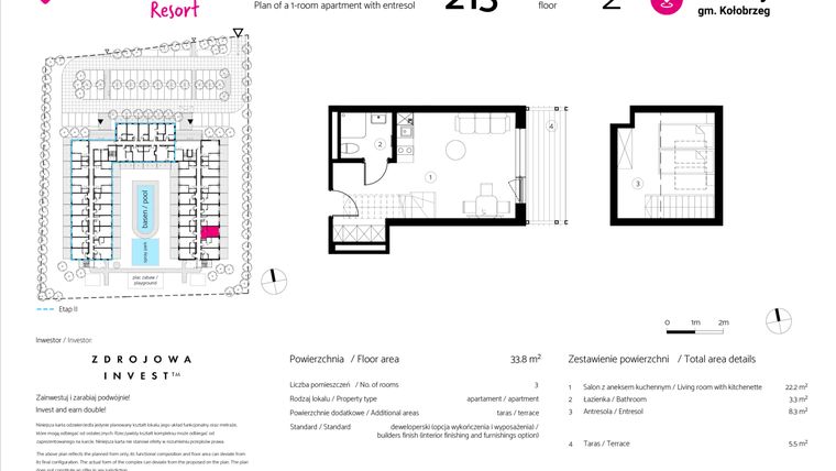 Rzut - Mieszkanie na sprzedaż 1 pokój o powierzchni 33,8 m² - numer 213 w VacationClub Resort