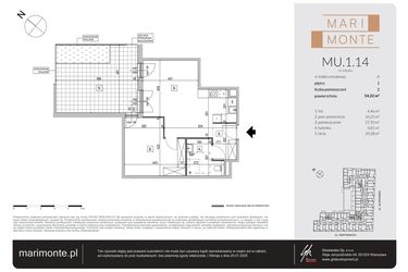 Rzut - Mieszkanie na sprzedaż 2 pokoje o powierzchni 54,22 m² - numer MU.1.14 w Marimonte - apartamenty inwestycyjne