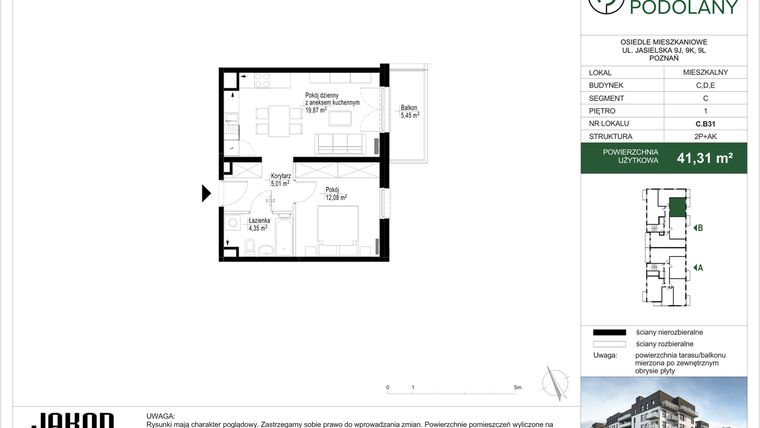 Rzut - Mieszkanie na sprzedaż 2 pokoje o powierzchni 41,31 m² - numer C.B31 w Sielskie Podolany II