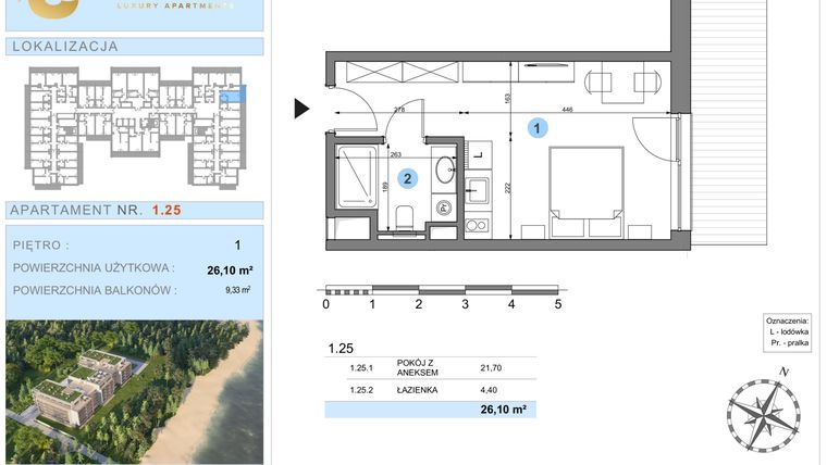 Rzut - Mieszkanie na sprzedaż 1 pokój o powierzchni 26,1 m² - numer 1.25 w Ustronie Luxury Apartments