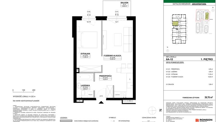 Rzut - Mieszkanie na sprzedaż 2 pokoje o powierzchni 39,78 m² - numer 6A-12 w Nowa Północ etap 2A