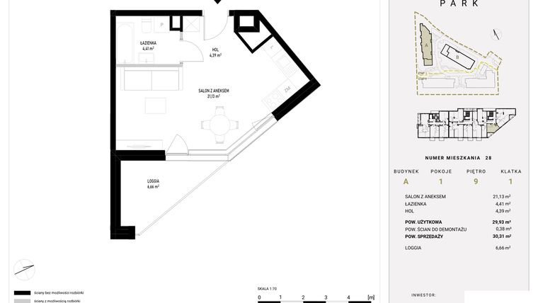 Rzut - Mieszkanie na sprzedaż 1 pokój o powierzchni 30,31 m² - numer A1.28 w Witosa Park