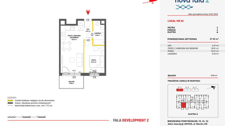 Rzut - Mieszkanie na sprzedaż 2 pokoje o powierzchni 37,43 m² - numer 30 w Miasteczko Nova Fala 2