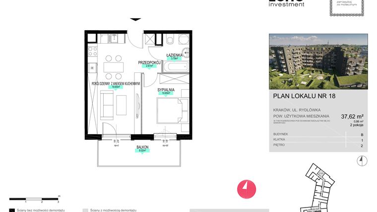 Rzut - Mieszkanie na sprzedaż 2 pokoje o powierzchni 37,59 m² - numer B.18 w ZAM