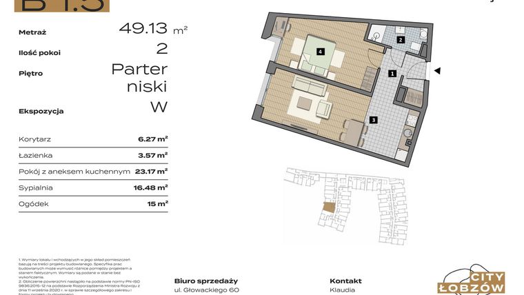 Rzut - Mieszkanie na sprzedaż 2 pokoje o powierzchni 49,13 m² - numer B 1.5 w City Łobzów
