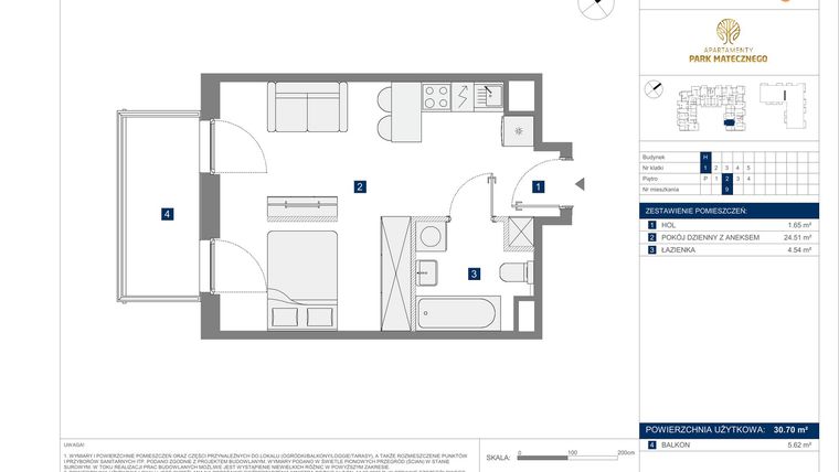 Rzut - Mieszkanie na sprzedaż 1 pokój o powierzchni 30,7 m² - numer H9 w Apartamenty Park Matecznego Etap 2.2