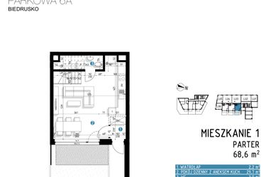 Rzut - Mieszkanie na sprzedaż 3 pokoje o powierzchni 68,6 m² - numer 6A.1 w Parkowa 6AC - ETAP III
