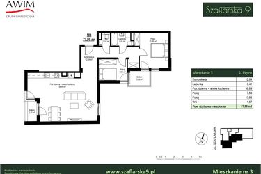 Rzut - Mieszkanie na sprzedaż 3 pokoje o powierzchni 77,98 m² - numer M3 w Szaflarska 9