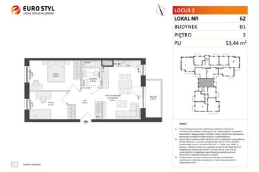 Rzut - Mieszkanie na sprzedaż 3 pokoje o powierzchni 53,44 m² - numer 62 w Locus 2