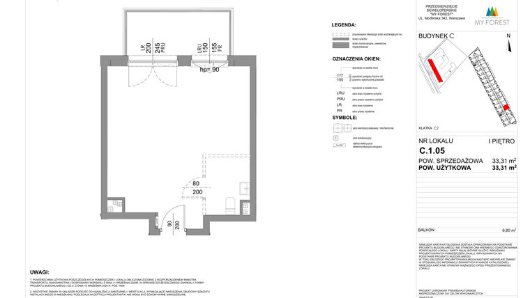 Rzut - Mieszkanie na sprzedaż 1 pokój o powierzchni 33,31 m² - numer C.1.05 w My Forest - Apartamenty inwestycyjne