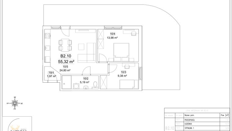 Rzut - Mieszkanie na sprzedaż 3 pokoje o powierzchni 55,32 m² - numer B2.10 w Osiedle Versus