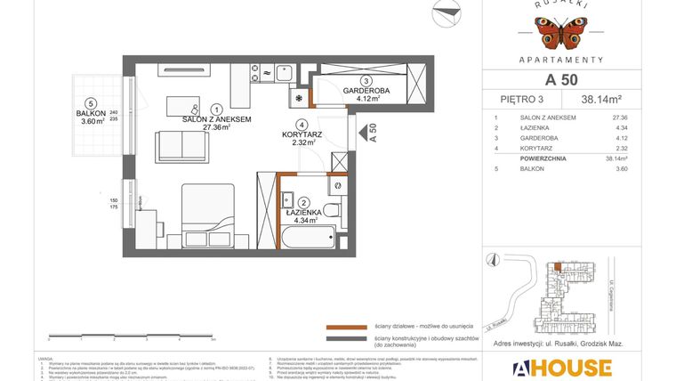 Rzut - Mieszkanie na sprzedaż 1 pokój o powierzchni 38,14 m² - numer A50 w Apartamenty Rusałki