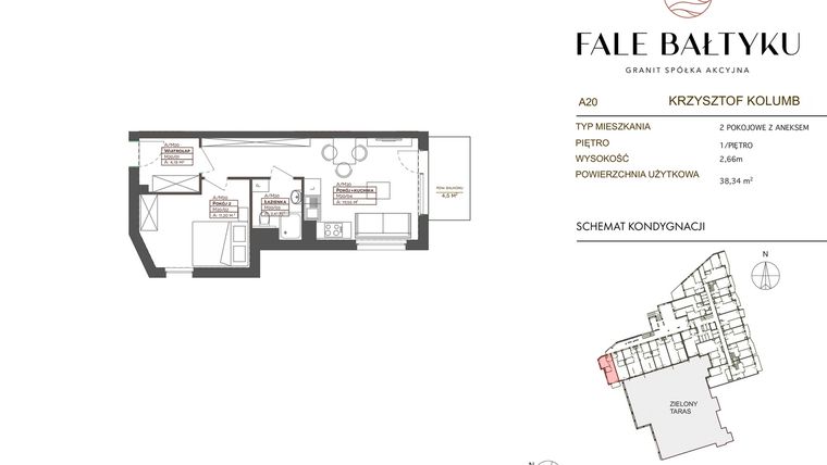 Rzut - Mieszkanie na sprzedaż 2 pokoje o powierzchni 38,34 m² - numer FB-020-A20 w Fale Bałtyku Kolumb AB
