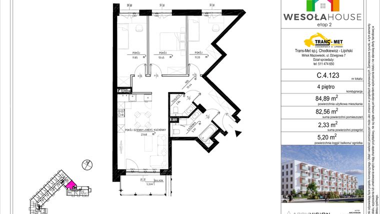 Rzut - Mieszkanie na sprzedaż 4 pokoje o powierzchni 82,5 m² - numer C.4.123 w Wesoła House Etap II