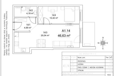 Rzut - Mieszkanie na sprzedaż 2 pokoje o powierzchni 46,63 m² - numer A1.14 w FORTnatura