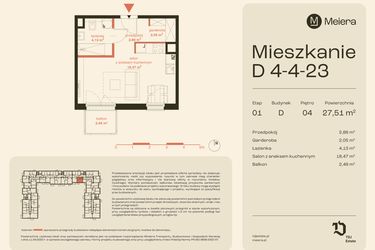 Rzut - Mieszkanie na sprzedaż 1 pokój o powierzchni 27,51 m² - numer D4-4-23 w Osiedle Meiera