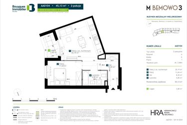 Rzut - Mieszkanie na sprzedaż 2 pokoje o powierzchni 45,13 m² - numer AA0104 w M Bemowo 3