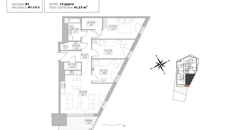 Rzut - Mieszkanie na sprzedaż 4 pokoje o powierzchni 90,82 m² - numer B1.15.3 w Alvarium 2.0