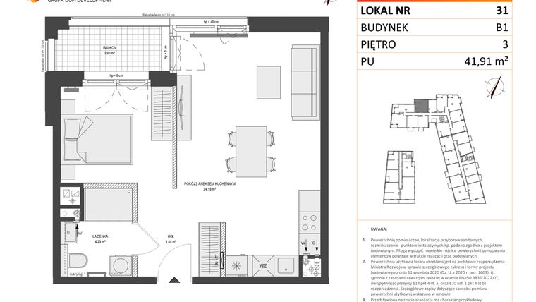 Rzut - Mieszkanie na sprzedaż 1 pokój o powierzchni 41,91 m² - numer B1.31 w Zajezdnia Motława
