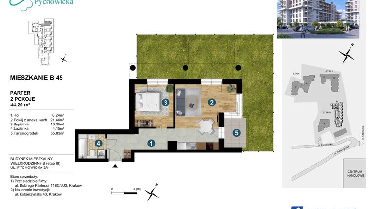 Rzut - Mieszkanie na sprzedaż 2 pokoje o powierzchni 44,2 m² - numer B45 w Kapelanka-Pychowicka Etap III