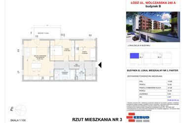Rzut - Mieszkanie na sprzedaż 3 pokoje o powierzchni 69,38 m² - numer B.3 w Wólczańska 248 - etap II