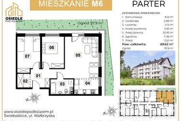 Rzut - Mieszkanie na sprzedaż 3 pokoje o powierzchni 69,62 m² - numer M06 w Osiedle Pod Książem