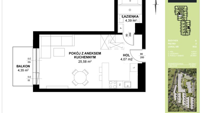 Rzut - Mieszkanie na sprzedaż 1 pokój o powierzchni 34,04 m² - numer A_M32 w Triton Kampinos III