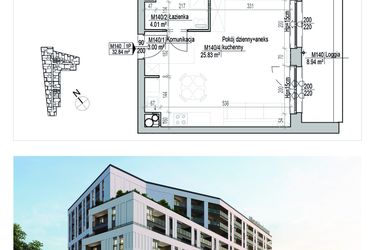 Rzut - Mieszkanie na sprzedaż 1 pokój o powierzchni 32,84 m² - numer 140 w Aleja