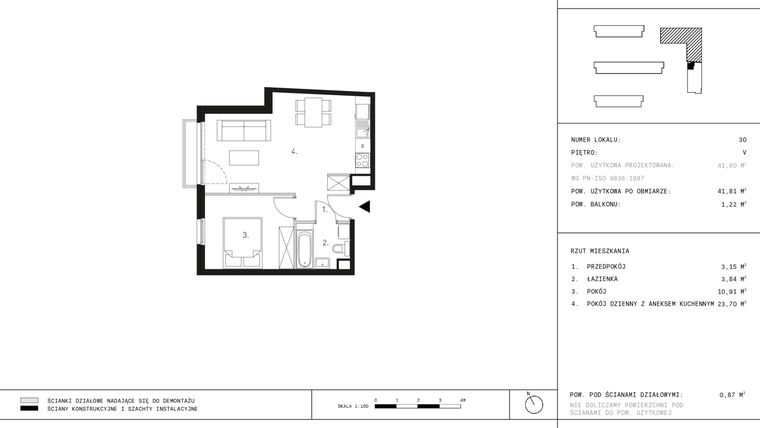 Rzut - Mieszkanie na sprzedaż 2 pokoje o powierzchni 41,81 m² - numer D1.5 w Wynalazek 3A